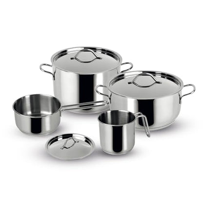 Lagostina Every Stainless Steel Cookware Set, 7-Piece Set, Two-Handle Saucepan 18 cm, Deep Casserole 22 cm, Milk Pan 12 cm, Deep Casserole 14 cm Long Handle and Lids 14.18 and 22 cm