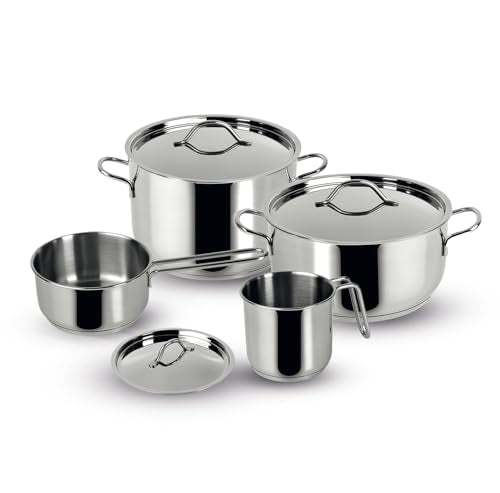 Lagostina Every Stainless Steel Cookware Set, 7-Piece Set, Two-Handle Saucepan 18 cm, Deep Casserole 22 cm, Milk Pan 12 cm, Deep Casserole 14 cm Long Handle and Lids 14.18 and 22 cm