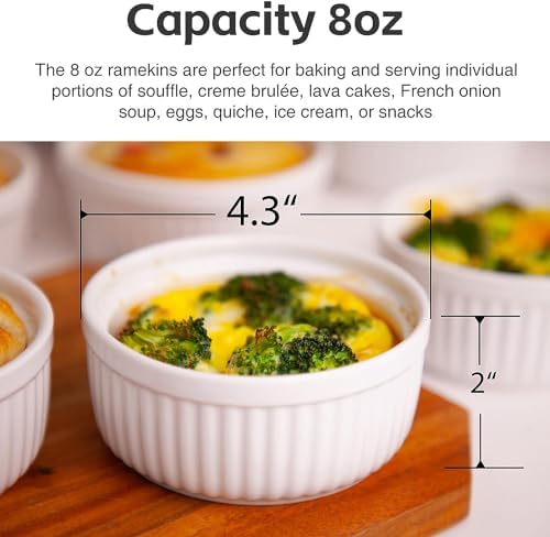 Nuwave Ceramic Ramekins 8 oz, Set of 6, Elegant Classic Style for Baking Souffles, Creme Brulées, Custards, Puddings, 4.3” Wide & 2” Tall, Microwave, Oven & Dishwasher-Safe, Ivory White (6)