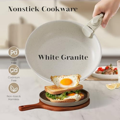 Sweetcrispy 12 pcs Pots and Pans Set, Nonstick Kitchen Induction Cookware Suit with Detachable Handle, Dishwasher Oven Safe, Milky White