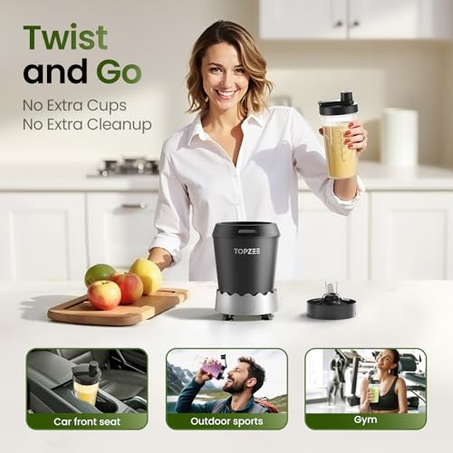 TOPZEE Personal Smoothie Blender, 1000W Single-Serve Blender with 24oz To-Go Cup, Twist-On Start/Stop, for Protein Shakes & Smoothies, Compact Countertop Blender, Black