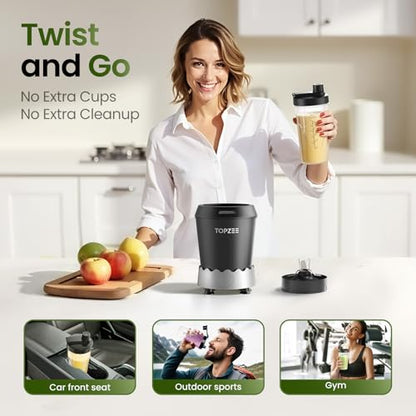 TOPZEE Personal Smoothie Blender, 1000W Single-Serve Blender with 24oz To-Go Cup, Twist-On Start/Stop, for Protein Shakes & Smoothies, Compact Countertop Blender, Black