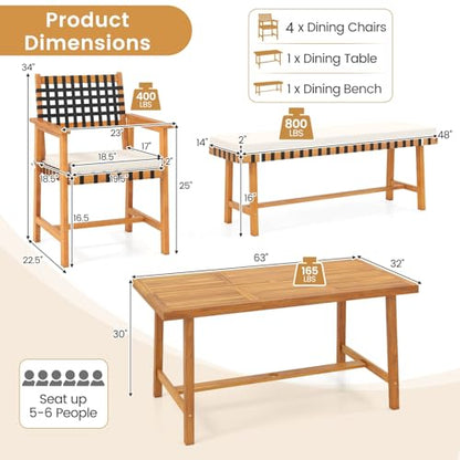 Tangkula 6 Piece Patio Dining Set for 5-6 People, 63” Outdoor Acacia Wood Table with 1.97” Umbrella Hole & Bench & 4 Cushioned Armchairs, for Deck Yard and Poolside