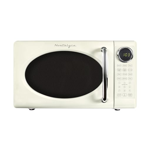 Nostalgia Retro 700W Microwave Oven 0.7 Cu Ft Capacity – Child Safety Lock, 8 Auto-Cook Settings – Countertop Kitchen Appliance – Ivory