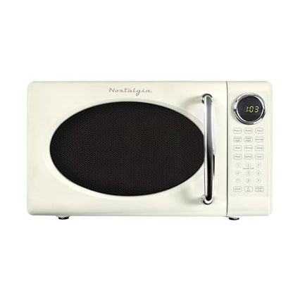 Nostalgia Retro 700W Microwave Oven 0.7 Cu Ft Capacity – Child Safety Lock, 8 Auto-Cook Settings – Countertop Kitchen Appliance – Ivory
