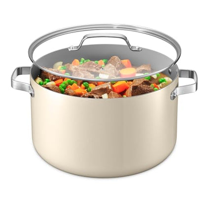 Bakken 16 Quart Ceramic Coated Stock Pot with Lid, Easy Clean Nonstick Pot, Tempered Glass Lid, Riveted Stainless Steel Handles, Oven Safe Up To 500°F, PTFE & PFAS Free, All Stove Compatible, Cream