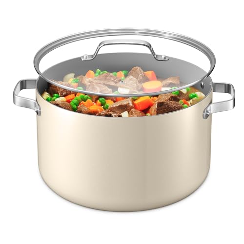 Bakken 16 Quart Ceramic Coated Stock Pot with Lid, Easy Clean Nonstick Pot, Tempered Glass Lid, Riveted Stainless Steel Handles, Oven Safe Up To 500°F, PTFE & PFAS Free, All Stove Compatible, Cream