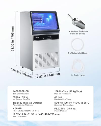 VEVOR Commercial Ice Maker Machine, 120 lbs/24H Ice Production, 19-33 lbs Storage Bin, 45 Cubes per Cycle, Stainless Steel Under Counter & Freestanding Ice Maker with LED Display, Self-Cleaning