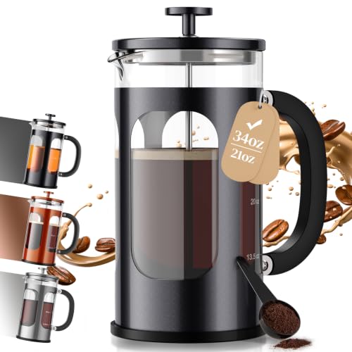Veken French Press Coffee Maker 34oz, No Plastic Touching Cafe,Thickened Glass Stainless Steel Brewer, Cold Brew Cafetera Tea pot for Kitchen Travel Camping, Gifts, Decor, Bar Accessories, Dark Pewter