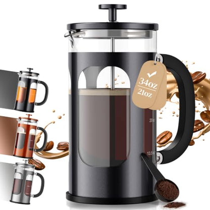 Veken French Press Coffee Maker 34oz, No Plastic Touching Cafe,Thickened Glass Stainless Steel Brewer, Cold Brew Cafetera Tea pot for Kitchen Travel Camping, Gifts, Decor, Bar Accessories, Dark Pewter