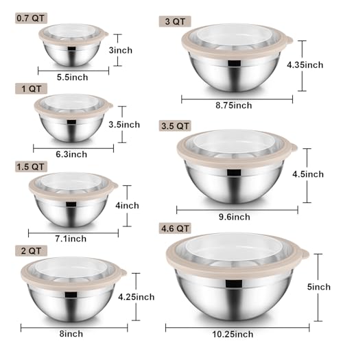 E-far Stainless Steel Mixing Bowls with Airtight Clear Lids Set of 7, Metal Nesting Bowls for Kitchen Prep, Baking, Cooking, Serving, Salad, Dishwasher Safe, Size 4.6, 3.5, 3, 2, 1.5, 1, 0.7QT, Khaki