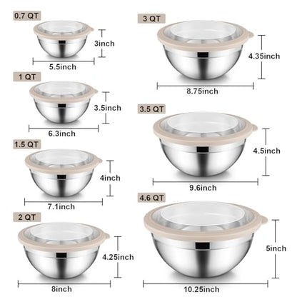 E-far Stainless Steel Mixing Bowls with Airtight Clear Lids Set of 7, Metal Nesting Bowls for Kitchen Prep, Baking, Cooking, Serving, Salad, Dishwasher Safe, Size 4.6, 3.5, 3, 2, 1.5, 1, 0.7QT, Khaki