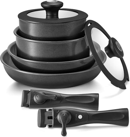 BEZIA Induction Cookware with Healthy Ceramic Coating, Camping Pots and Pans Set Nonstick 10pcs with Detachable Handles, Induction RV Kitchen Set with Removable Handles, Oven Safe