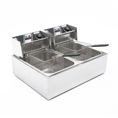 Electric Deep Fryer w/ 2 Baskets and Lids, 5000W 21.8L Electric Fryer Stainless Steel Temperature Control, Commercial Deep Fryer, Countertop Kitchen Frying Machine Fried Chicken Sausages 22.8QT