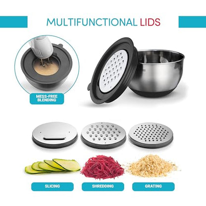 Belwares Mixing Bowls with Lids Set of 5 - Stainless Steel Mixing Bowl Set, Kitchen Nesting Metal Bowls with Non Slip Bottoms + 3 Grater Attachments, Airtight Lids, Food Prep + Storage, Matte Black