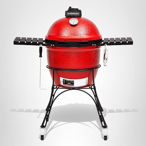 Kamado Joe® Classic Joe™ I Premium 18-inch Ceramic Charcoal Grill and Smoker in Red with Cart, Side Shelves, Grill Gripper, and Ash Tool. 250 Cooking Square Inches, 2 Tier Cooking System, Model KJ23RH