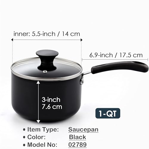 Cook N Home Basic Nonstick Saucepan with Glass Lid, Non Stick Aluminum Sauce Pan, Small Multi-purpose Kitchen Pot, Milk Chocolate Cooking Pot Pan with Stay-Cool Handle, 1-Quart, Black