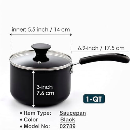 Cook N Home Basic Nonstick Saucepan with Glass Lid, Non Stick Aluminum Sauce Pan, Small Multi-purpose Kitchen Pot, Milk Chocolate Cooking Pot Pan with Stay-Cool Handle, 1-Quart, Black