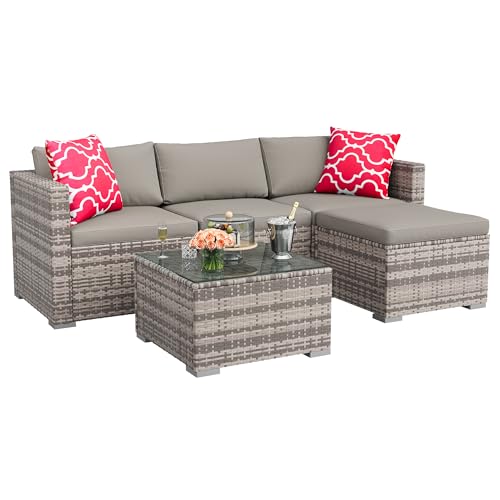GAOMON 5-Piece All-Weather Patio Furniture Set, Convertible Outdoor Sectional Sofa with Ottoman & Tempered Glass Table, PE Rattan Conversation Set for Garden, Backyard, Porch, Poolside