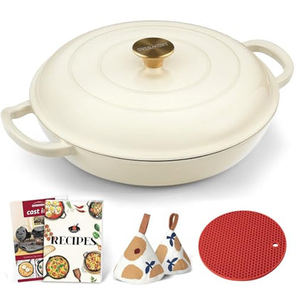 Overmont Enameled Cast Iron Dutch Oven - 3.8 Quart Dutch Oven Pot with Lid - Shallow Cookware Braising Pan - Cast iron Casserole with Cookbook & Heat-resistant Caps - Oven Safe up to 500° F