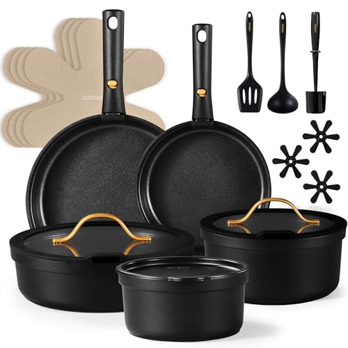 CAROTE 20pcs Pots and Pans Set Non Stick, Nonstick Cookware Set, Dishwasher/Oven/Fridge Safe Pots and Pans, Removable Handle RV Oven Safe Cookware, Induction Kitchen Set, Black