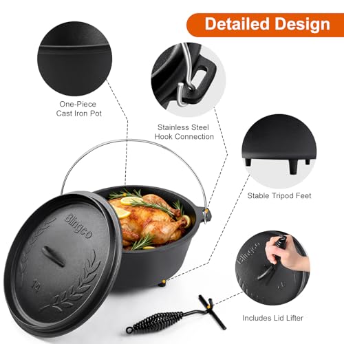 Blingco 10 QT Pre-Seasoned Cast Iron Camp Dutch Oven with Lid, Large Camping Dutch Oven Pot, incl. Lid Lifter - Dual Handles - for Outdoor Campfire, Grill, Oven&Stovetop Cooking - Black