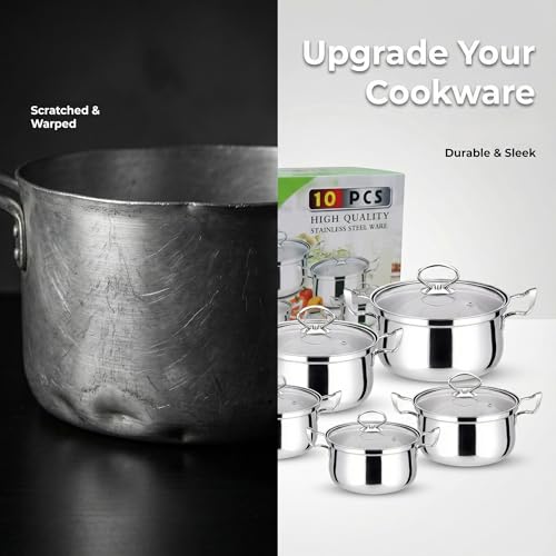 5 Piece Stainless Steel Cookware Set - Tempered Glass Lids, Ergonomic Handles & Thickened Base - Compatible with Gas, Electric, Halogen, Ceramic & Induction Hobs (Gold Handle)