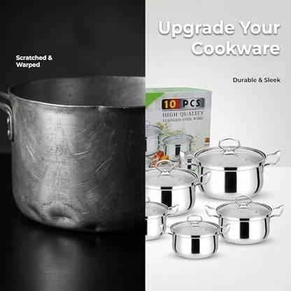 5 Piece Stainless Steel Cookware Set - Tempered Glass Lids, Ergonomic Handles & Thickened Base - Compatible with Gas, Electric, Halogen, Ceramic & Induction Hobs (Gold Handle)