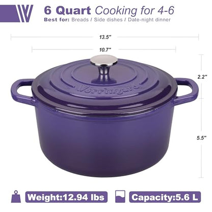 VORRINGARD Enameled Cast Iron Dutch Oven Pot with Lid, for Sourdough Bread Baking, Round Dutch Ovens, 6 Quart, Purple