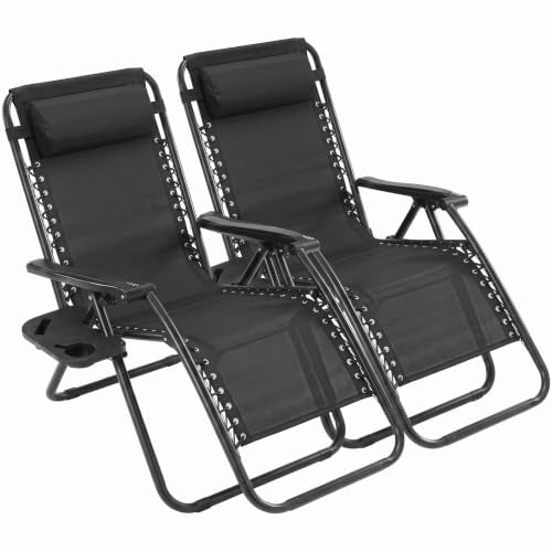 Sweetcrispy Zero Gravity Chairs Set of 2, Outdoor Folding Patio Lounge Chair with Cup Holder Tray, Portable Beach Camping Recliner for Poolside, Garden, Backyard, Lawn, Solid Black