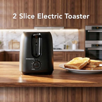 OVENTE Electric 2 Slice Toaster Machine with 6-Shade Browning Selector Setting, Compact Design and Removable Crumb Tray, 700W Power Perfect for Toasting Bread, Thin Bagels and Waffles, Black TP2210B