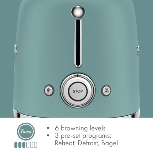 SMEG 2 Slice Toaster with 6 Presets and Defrost Function and Removable Crumb Tray (Jade)