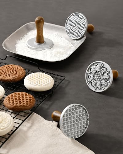 HULISEN Cookie Stamps Set of 4, Metal Cookie Press Mold with Wooden Handle, Decorating Supplies for DIY Baking, Cake, Pastry, Easy to Use, Gift Package