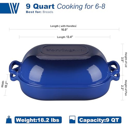 VORRINGARD Large Cast Iron Dutch Oven Dome Pot with Lid, Enameled Bread Oven, Bread Pan for Homemade Sourdough Bread Baking, 9QT, Blue