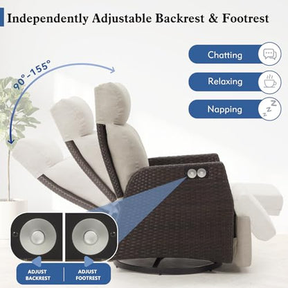 Mvpipi Adjustable Outdoor Recliner Chair with Independent Backrest & Footrest, Patio Swivel Recliner Chair, Wicker Reclining Patio Chair w/Flip-Up Table, Air Pump 155° Lay Flat Chaise Lounge, Beige