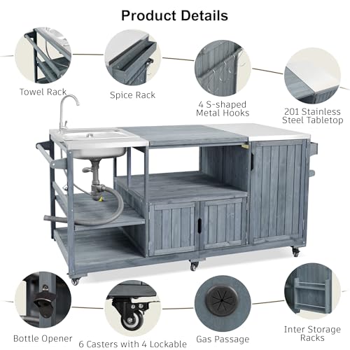 Merax 75.4" Outdoor Kitchen Island with Sink, Solid Wood Outdoor Grill Cart for Big Green Egg Grills, Rolling Outdoor Bar Cart with Stainless Steel Top for Pizza Prep & BBQ, Grey+Blue