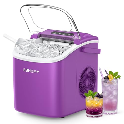 EUHOMY Countertop Ice Maker Machine with Handle, 26lbs Per Day, 9 Ice Cubes Ready in 6 Mins, Auto-Cleaning Portable Ice Maker with Basket and Scoop, for Home/Kitchen/Camping/RV (Purple)