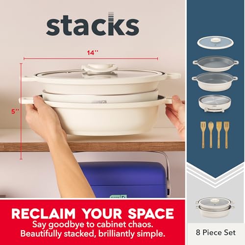 Dash Stacks Stacking Cookware Set with Electric Burner - Features CleanCoating™ Ceramic Nonstick Coating - Versatile, Nestable Pieces - Convenient Storage - Cream, 8-Piece