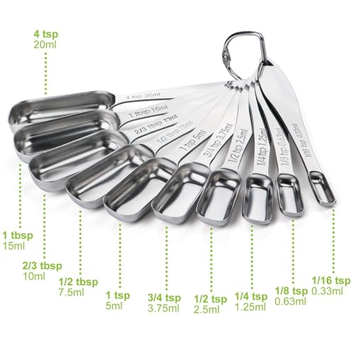 FANGSUN Narrow Measuring Spoons Set of 10, Heavy-Duty Stainless Steel Measuring Spoons with Long Handles & Engraved Measurements, Fits in Spice Jars, for Baking & Cooking