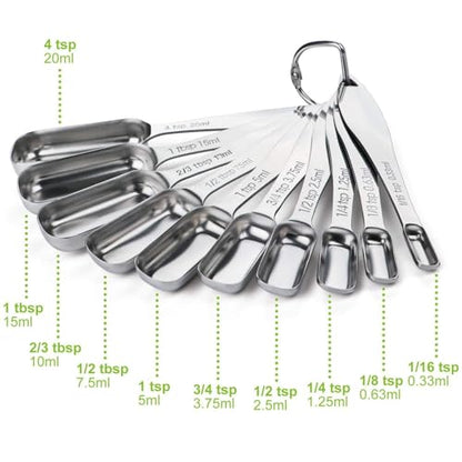 FANGSUN Narrow Measuring Spoons Set of 10, Heavy-Duty Stainless Steel Measuring Spoons with Long Handles & Engraved Measurements, Fits in Spice Jars, for Baking & Cooking