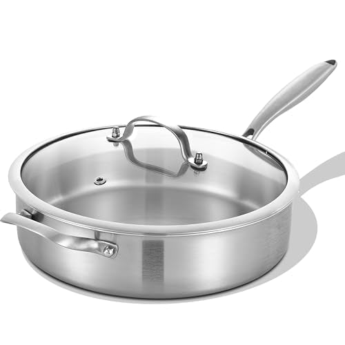 LOLYKITCH 5 Quarts Tri-Ply Stainless Steel Sauté Pan wih Lid, 12 Inch Deep Frying Pan,Jumbo Cooker,Induction Cooking Pan,Dishwasher and Oven Safe,Detachable Handle.