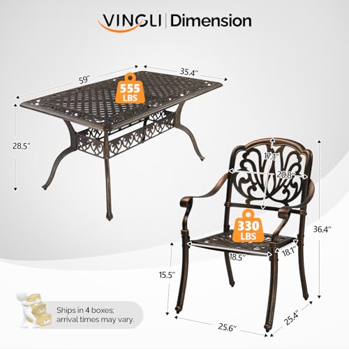VINGLI 7-Piece Outdoor Dining Set, Cast Aluminum Patio Furniture Set for 6 with Umbrella Hole, Rectangular Outdoor Dining Table & 6 Stackable Chairs, All-Weather Garden/Poolside Dining Set Bronze