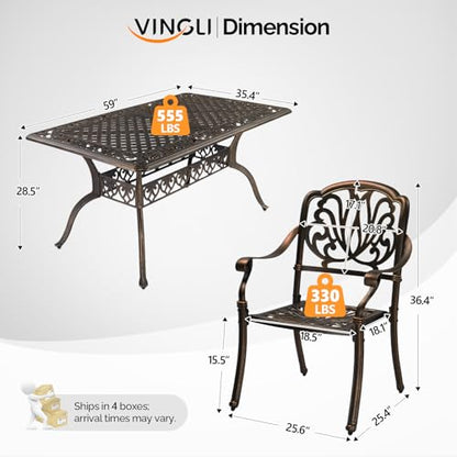VINGLI 7-Piece Outdoor Dining Set, Cast Aluminum Patio Furniture Set for 6 with Umbrella Hole, Rectangular Outdoor Dining Table & 6 Stackable Chairs, All-Weather Garden/Poolside Dining Set Bronze