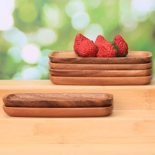 MeowAroma Mini Wooden Serving Platters and Trays, 7-inch Solid Acacia Wood Serving Plates for Food/Snacks/Appetizer, also as Jewelry Trays, Mini Charcuterie Board and Cheese Platter, Reusable (6 PCS)
