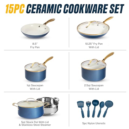 Gotham Steel 15 Pc Ceramic Pots and Pans Set Non Stick, Kitchen Cookware Sets, Pot and Pan Set, Ceramic Cookware Set, Non Toxic Cookware Set, Non Stick Pots and Pan Set, Dishwasher Safe - Navy