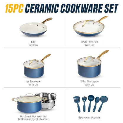 Gotham Steel 15 Pc Ceramic Pots and Pans Set Non Stick, Kitchen Cookware Sets, Pot and Pan Set, Ceramic Cookware Set, Non Toxic Cookware Set, Non Stick Pots and Pan Set, Dishwasher Safe - Navy