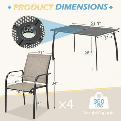 AECOJOY 5 Piece Patio Table and Chair Set for 4, Outdoor Dining Set Includes 51.2" Rectangle Table with 1.73" Umbrella Hole, 4 Stackable Textilene Chairs, for Garden, Backyard and Poolside, Dark Gray