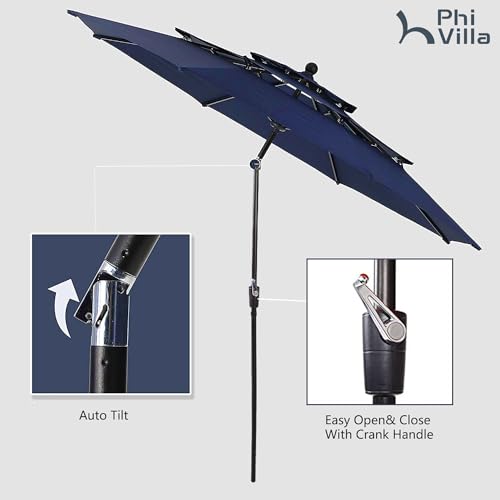 PHI VILLA 5 Piece Outdoor Dining Set with 10ft Umbrella, 37" Square Metal Dining Table & 4 Stacking Metal Chair with 3 Tier Navy Umbrella for Patio, Deck, Yard, Porch