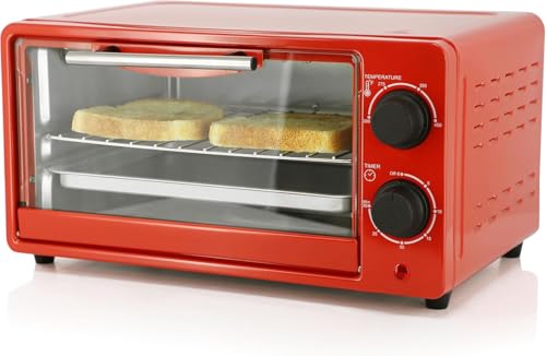 9.5 Quart Electric Countertop Toaster Oven, Compact Red Kitchen Oven with Adjustable Temperature & Quartz Heating (Red)