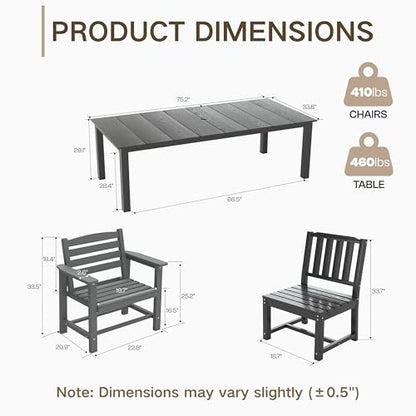 Kingdura 9 Piece Patio Dining Set for 8, All-Weather HDPE Patio Furniture, Ergonomic Chairs and 75.2'' Large Table Set with Built-in Umbrella Hole, UV-Resistant for Backyard, Deck, Poolside